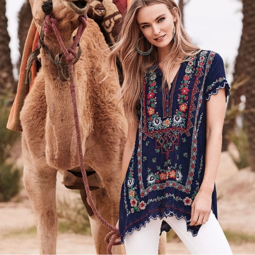 Johnny Was Navy Floral Embroidered Tunic